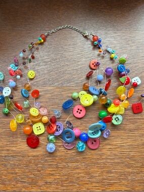 Multicolour handmade Button & Bead Layered Necklace - Playful Colorful Statement